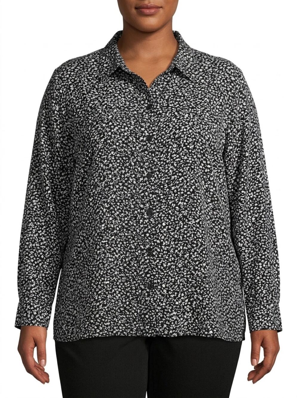 Jones New York Black Floral Button-Up Shirt Women Size 14W